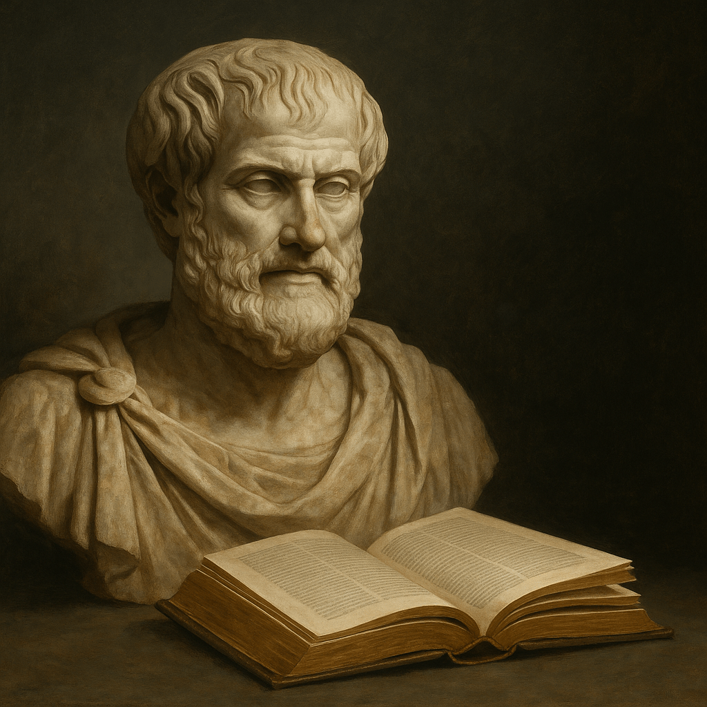 A classical marble bust of Aristotle with detailed facial features, placed beside an open, aged book with yellowed pages, illuminated by soft, warm light against a dark, textured background, evoking a sense of timeless wisdom and scholarly reflection.